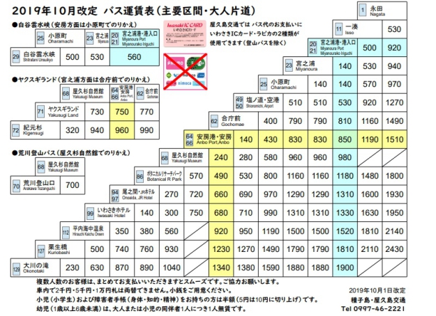 屋久島交通バス運賃表2019.10改定版